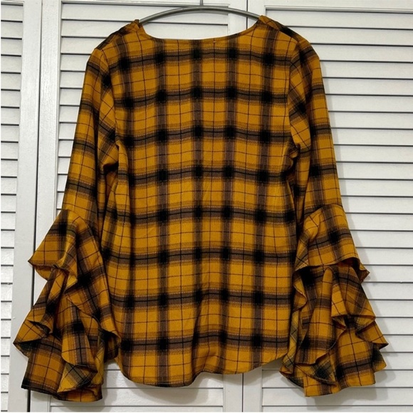Altar'd State Long Sleeve Top, Mustard Yellow & Black Plaid Ruffle Blouse, Small - Picture 3 of 9